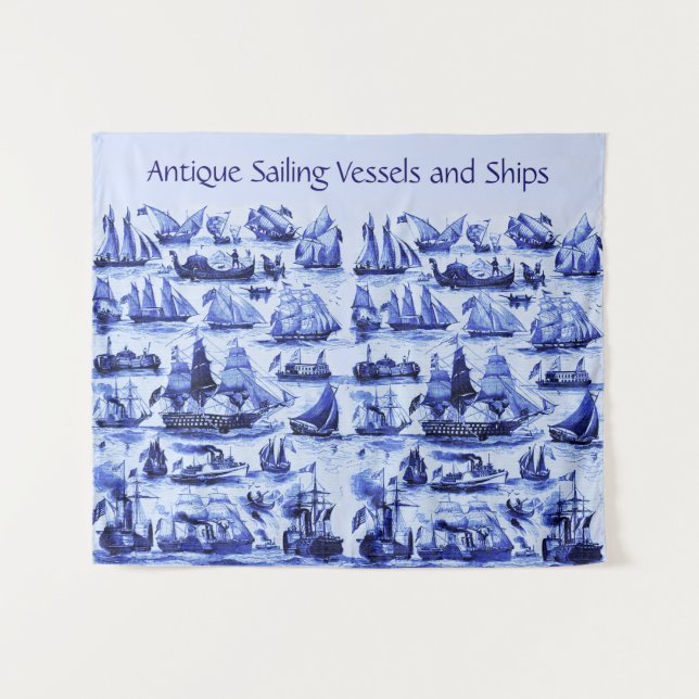 SEEVERKEHR,VINTAGE SCHIFFE,SEGELSCHIFFE,Navy Blue Wandteppich (Vorderseite (Horizontal))