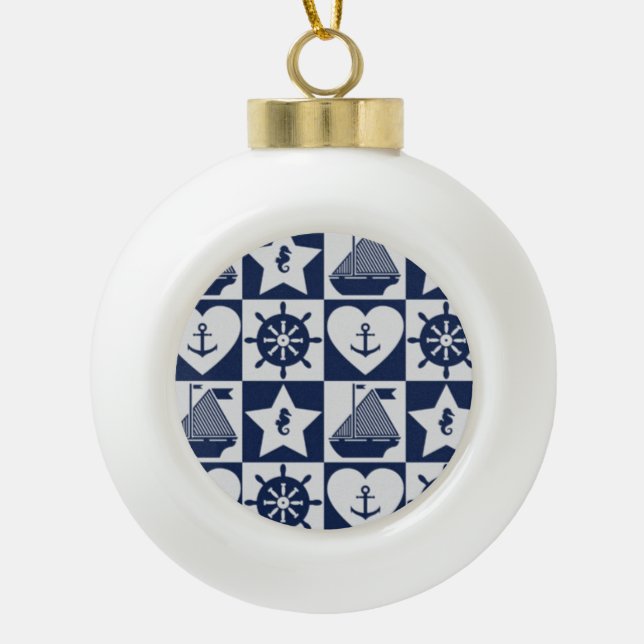Seeweißes kariertes des marineblaus keramik Kugel-Ornament (Vorderseite)
