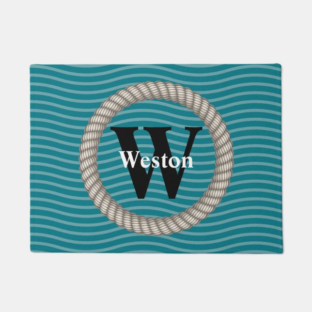 Seewellen und weißes Seil-Monogramm Fußmatte (Vorderseite)