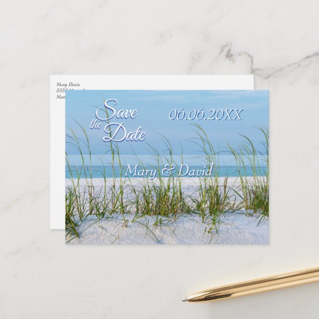 Seeziegel Save the Date in weißem Sand Postkarte (Vorderseite/Rückseite Beispiel)