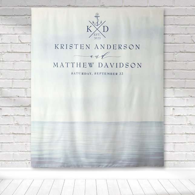 Seezungenhochzeit des Nautischen Ankermonographen Wandteppich (Nautical watercolor ocean background with a monogram for a beach style wedding backdrop.)