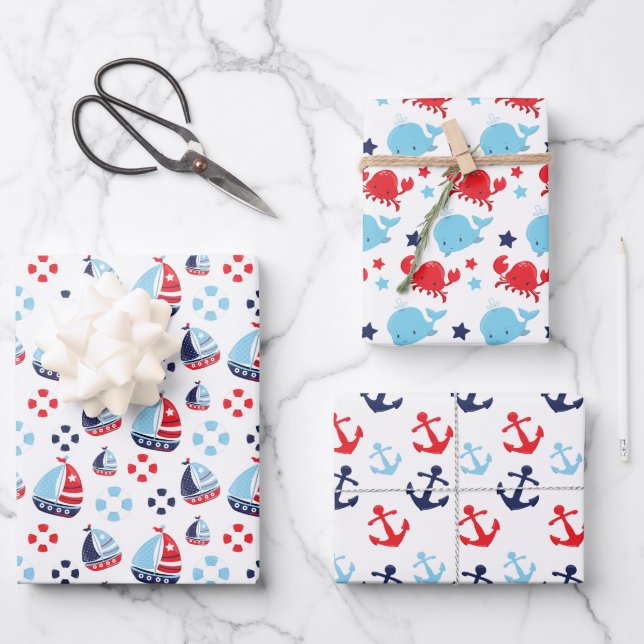 Segel-, Anker- und Walmuster Geschenkpapier Set (Vorderseite)