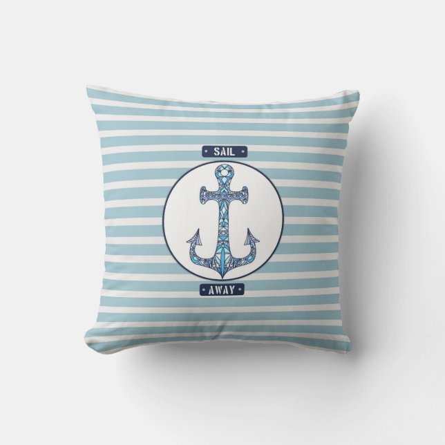 Segel Away Nautical Anchor - Coastal Blue Streifen Kissen (Vorderseite)