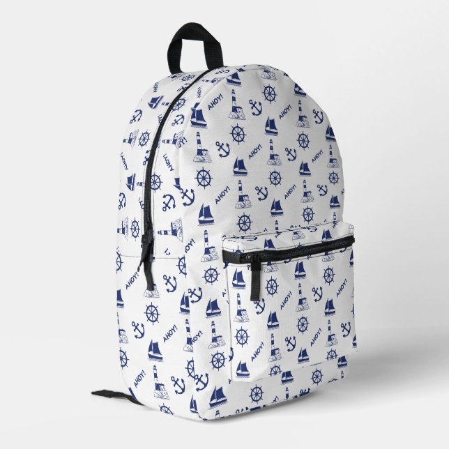 Segel Illustration Muster Navy Blue+White Bedruckter Rucksack (Rückseitige Ecke links)
