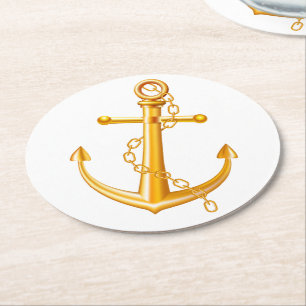 Segel-Ozean-Strand-Gold-Anker-Nautische-Hochzeit-Q Runder Pappuntersetzer