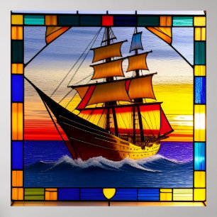 🌅 Segel-Sonnenuntergangs-Akzent für nautische Woh Poster