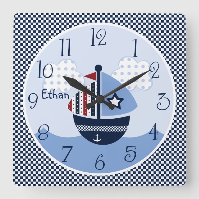 Segel weg/Nautik/Boote Kinderuhr des Babys Kinderz Quadratische Wanduhr (Vorderseite)