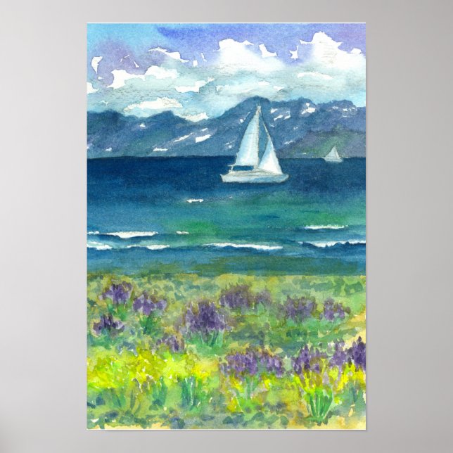 Segelberg Lila See Wasserfarbenen Lupinen Poster (Vorne)