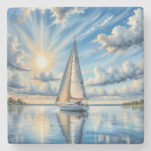 Segelboot Aquarell im Sonnenschein Steinuntersetzer