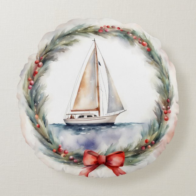 Segelboot Aquarellbahn im Weihnachtskranz Rundes Kissen (Vorderseite)