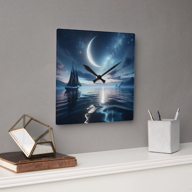 Segelboot auf dem Moonlit Wasser Quadratische Wanduhr (Büro)