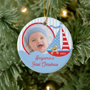 Segelboot Baby Erstes Weihnachten Foto-Ornament Keramik Ornament