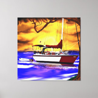 Segelboot bei Sonnenuntergang mit lebendigem Himme Leinwanddruck