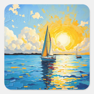 Segelboot bei Sonnenuntergang Quadratischer Aufkleber