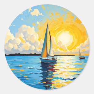Segelboot bei Sonnenuntergang Runder Aufkleber