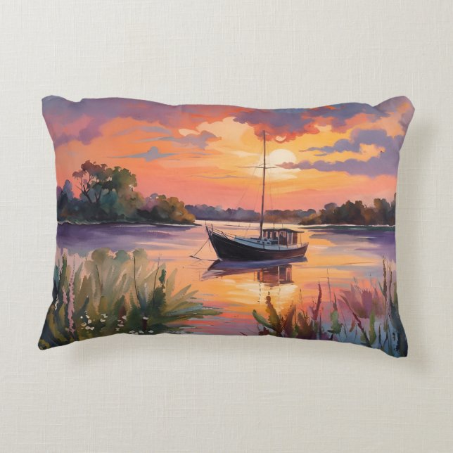 Segelboot bei Sunrise Wasserfarbe Art Dekokissen (Rückseite)