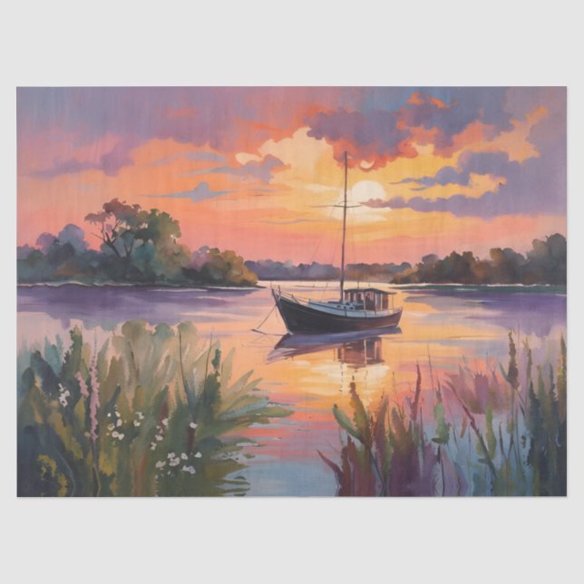 Segelboot bei Sunrise Wasserfarbe Art Seidenpapier (Vorderseite)
