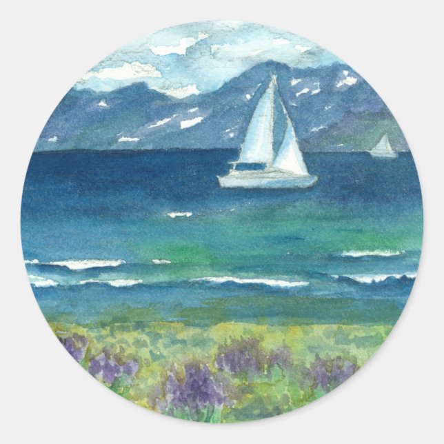 Segelboot Berg Lila See Runder Aufkleber (Vorderseite)