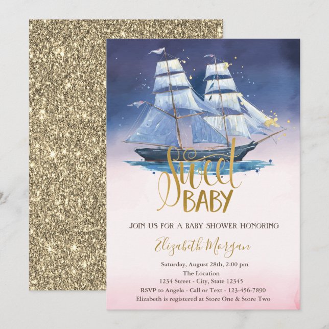 Segelboot Gold Glitzer Kinderdusche Einladung (Vorne/Hinten)