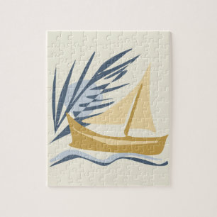 Segelboot im Hintergrund des Mondes und der Palme