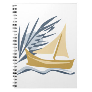 Segelboot im Hintergrund des Mondes und der Palme Notizblock