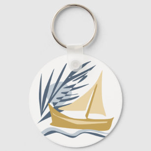 Segelboot im Hintergrund des Mondes und der Palme  Schlüsselanhänger