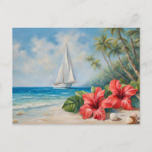 Segelboot in der Nähe eines tropischen Strandes, H Postkarte