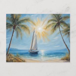 Segelboot in der Nähe von Tropical Beach, Palmen Postkarte