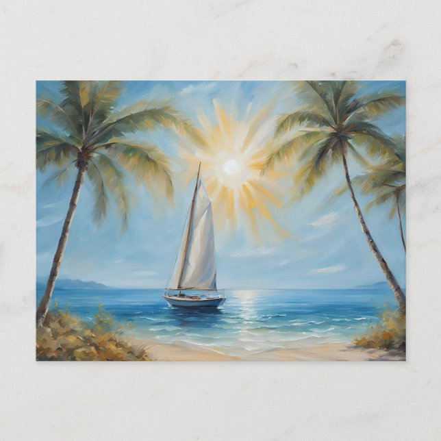 Segelboot in der Nähe von Tropical Beach, Palmen Postkarte (Vorderseite)
