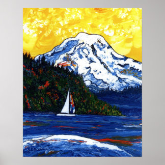 Segelboot mit Berg Rainier Poster