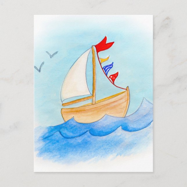 Segelboot mit weißer Aquarellkarte Postkarte (Vorderseite)