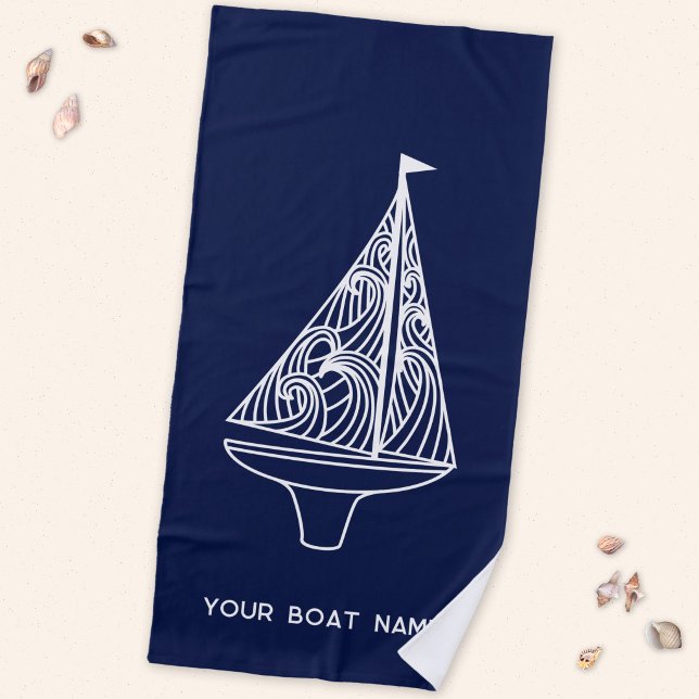 Segelboot Name Nautical Navy Blue Strandtuch (Your boat name custom text sailing boat yacht navy blue beach towel)