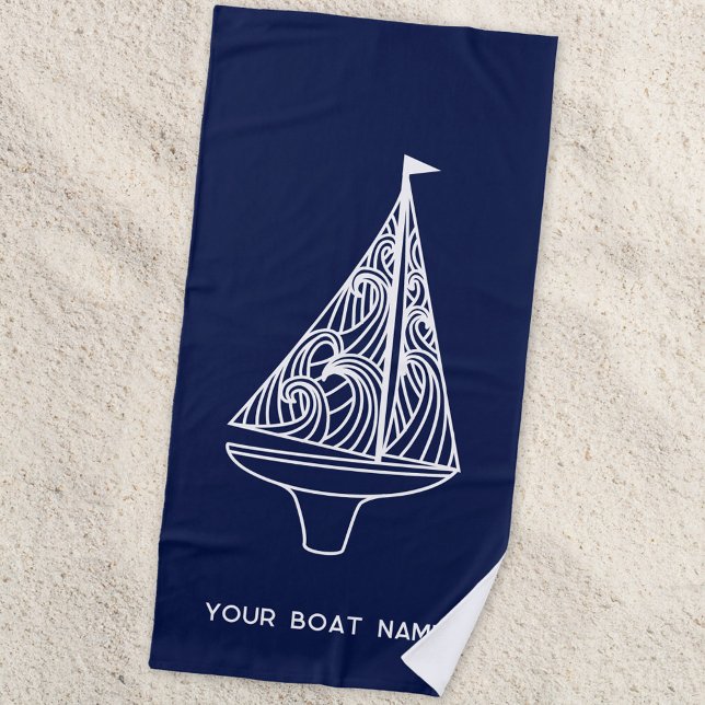 Segelboot Name Nautical Navy Blue Strandtuch (Your boat name custom text sailing boat yacht navy blue beach towel)