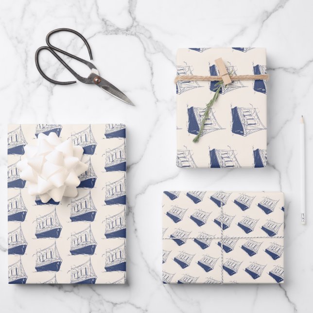 Segelboot Nautic Blue and White Ship Geschenkpapier Set (Vorderseite)