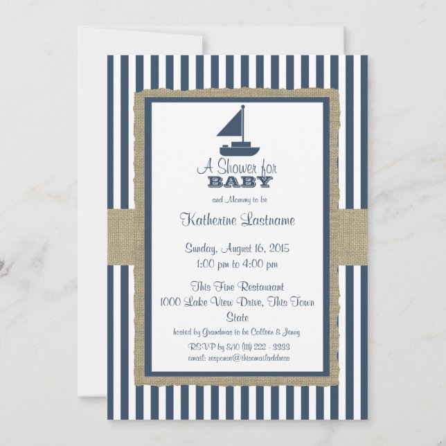 Segelboot Navy Blue Stripes Baby Dusche Einladung (Rückseite)