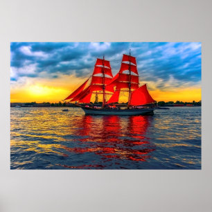 Segelboot segeln bei Sonnenuntergang, romantisches Poster