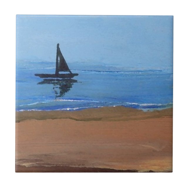 Segelboot-Segeln-Reflexions-Ozean-Strand-Kunst Fliese (Vorderseite)