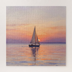 Segelboot-Sonnenuntergang-Aquarell-Seelandschaft