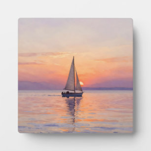 Segelboot-Sonnenuntergang-Aquarell-Seelandschaft Fotoplatte
