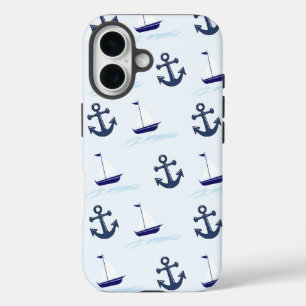 Segelboot und Anchor Muster Blau iPhone 16 Hülle