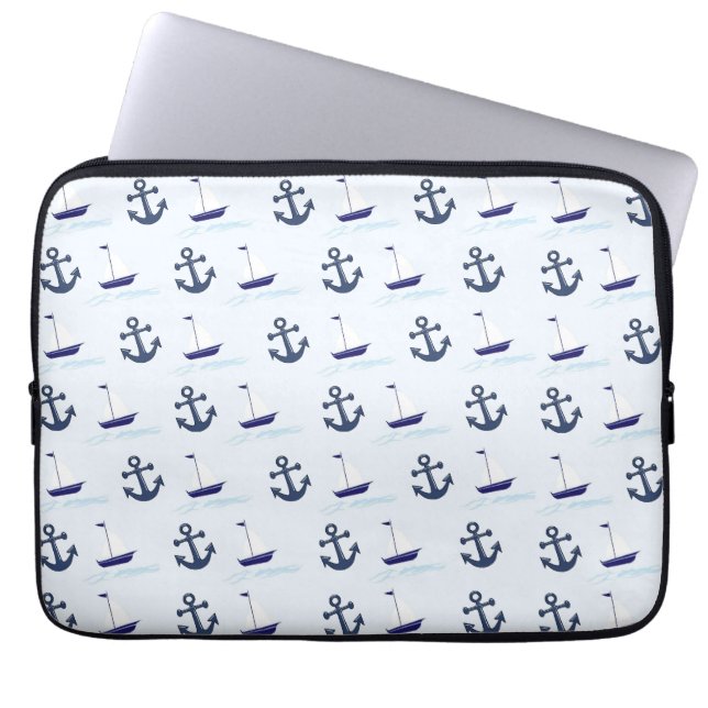 Segelboot und Anchor Muster Blau Laptopschutzhülle (Vorderseite)
