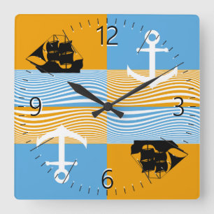 Segelboot und Ankermuster Quadratische Wanduhr