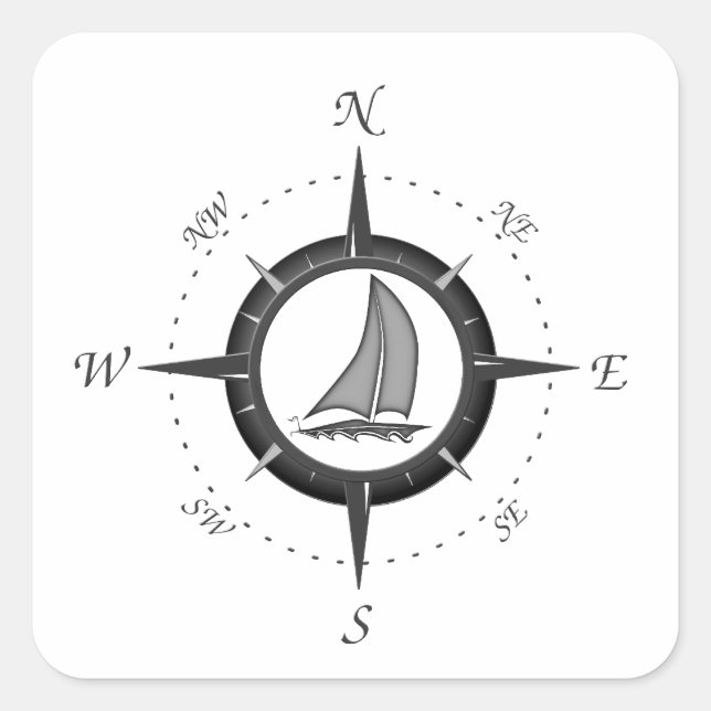 Segelboot und Compass-Rose Quadratischer Aufkleber (Vorderseite)