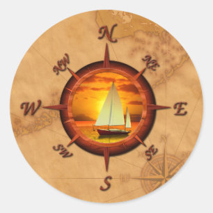 Segelboot und Compass-Rose Runder Aufkleber