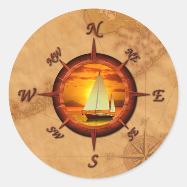 Segelboot und Compass-Rose Runder Aufkleber (Vorderseite)
