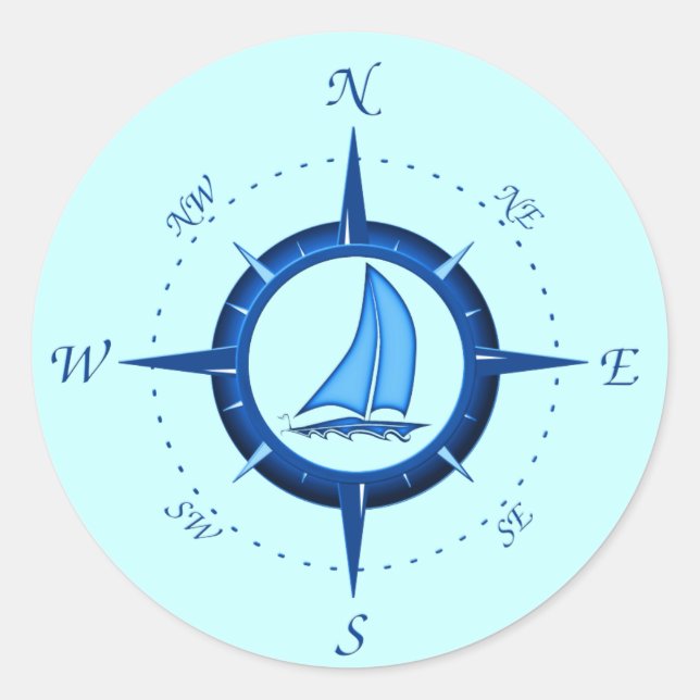 Segelboot und Compass-Rose Runder Aufkleber (Vorderseite)