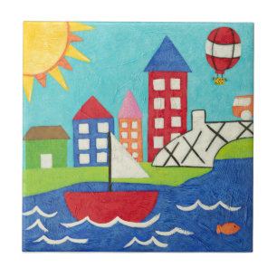 Segelboot-und Heißluft-Ballon mit Stadtbild Fliese