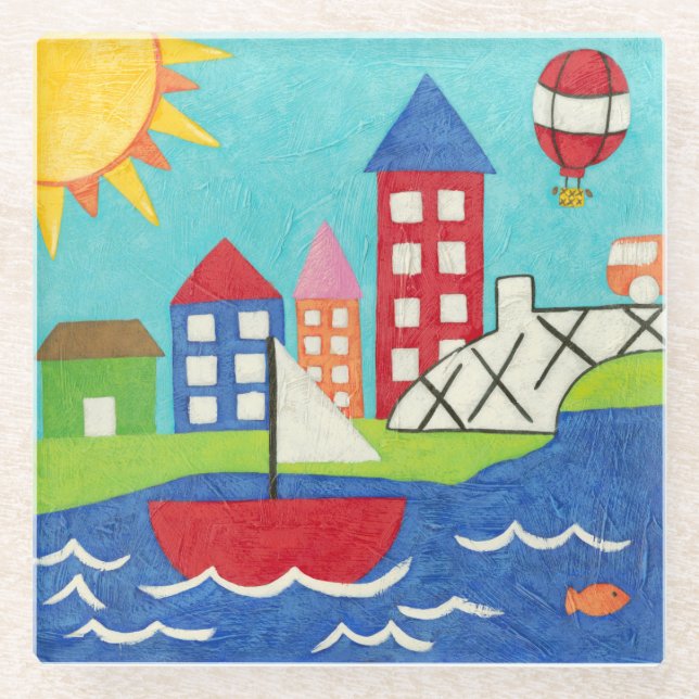 Segelboot-und Heißluft-Ballon mit Stadtbild Glasuntersetzer (Vorderseite)