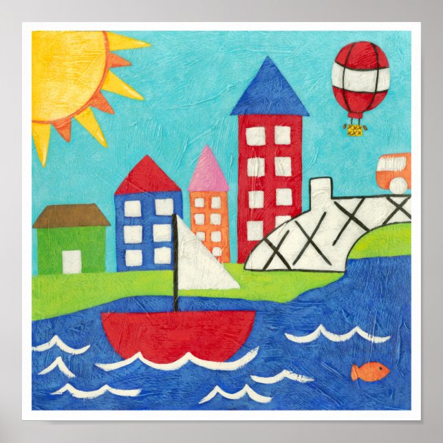 Segelboot und Heißluftballon mit Stadtbild Poster (Vorne)