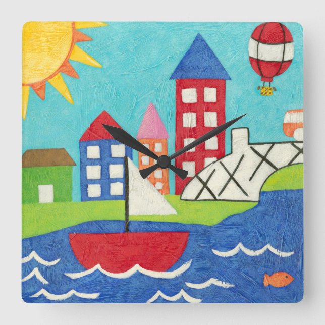 Segelboot und Heißluftballon mit Stadtbild Quadratische Wanduhr (Vorderseite)